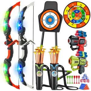 Indoor/Outdoor 2X Bow Arrow + Toy Guns For Kids W/Targets